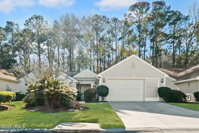 ranch-style house with a garage and a front yard