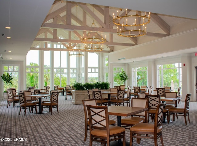 dining area featuring plenty of natural light, beam ceiling, high vaulted ceiling, and carpet