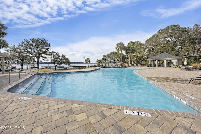 view of pool featuring a gazebo and a patio