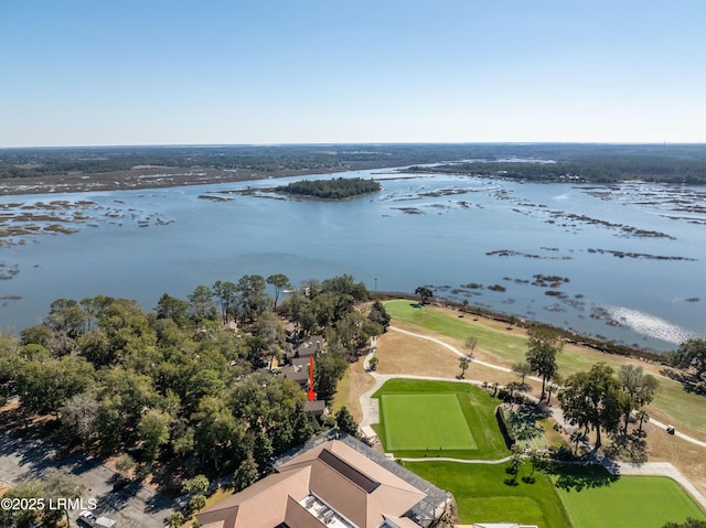 birds eye view of property featuring a water view