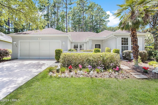 ranch-style house with a garage and a front lawn