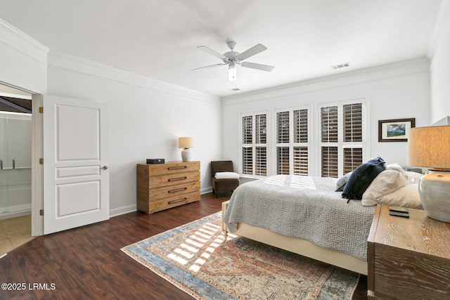 bedroom featuring ornamental molding, ceiling fan, and dark hardwood / wood-style flooring