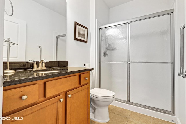 bathroom with vanity, an enclosed shower, tile patterned floors, and toilet