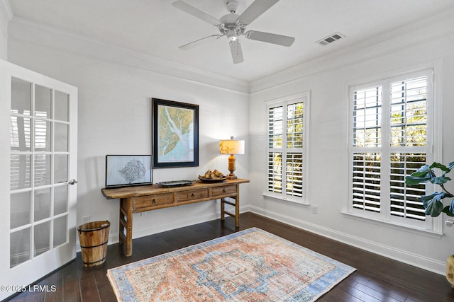 office space with ornamental molding, ceiling fan, and dark hardwood / wood-style flooring