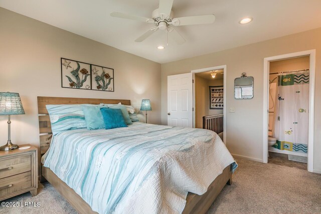 carpeted bedroom with recessed lighting, baseboards, a ceiling fan, and ensuite bathroom
