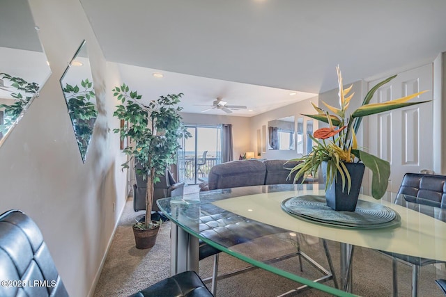 dining area with carpet flooring, ceiling fan, and recessed lighting