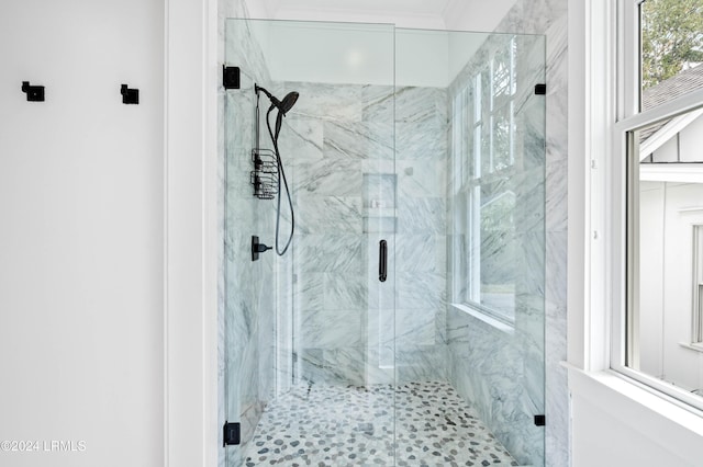 bathroom featuring walk in shower and plenty of natural light