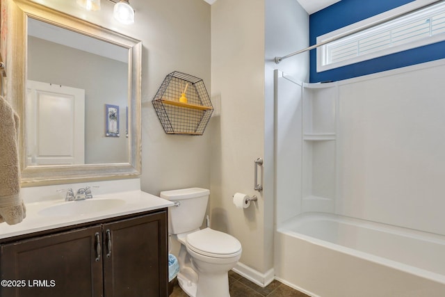 full bath with toilet, tile patterned floors, washtub / shower combination, and vanity