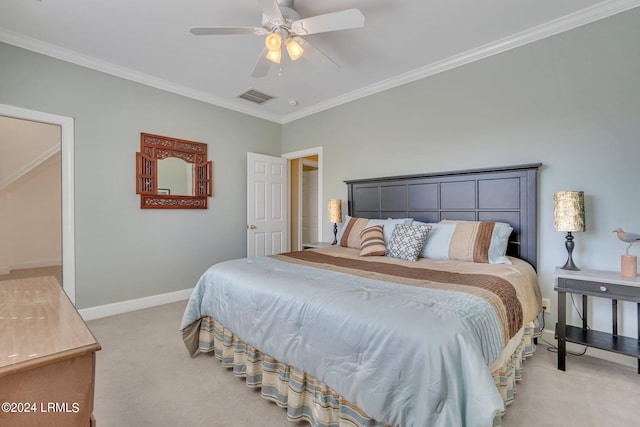 bedroom with crown molding, carpet, and ceiling fan