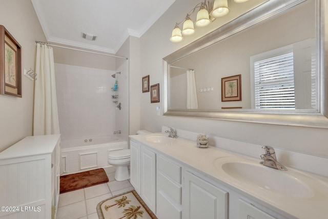 full bathroom featuring crown molding, tile patterned flooring, vanity, toilet, and shower / bath combo