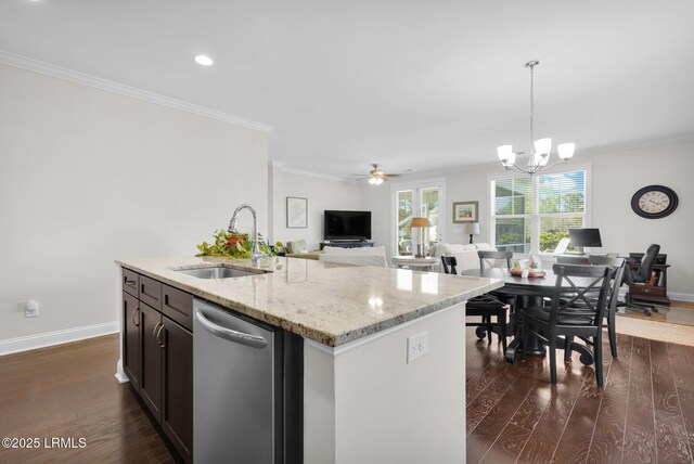 214 Lombards Mill Ln, Okatie, SC 29909 - kitchen featuring crown molding, dark wood-type flooring, a sink, open floor plan, and stainless steel dishwasher