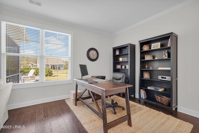 214 Lombards Mill Ln, Okatie, SC 29909 - office space featuring dark wood-type flooring, baseboards, ornamental molding, and visible vents
