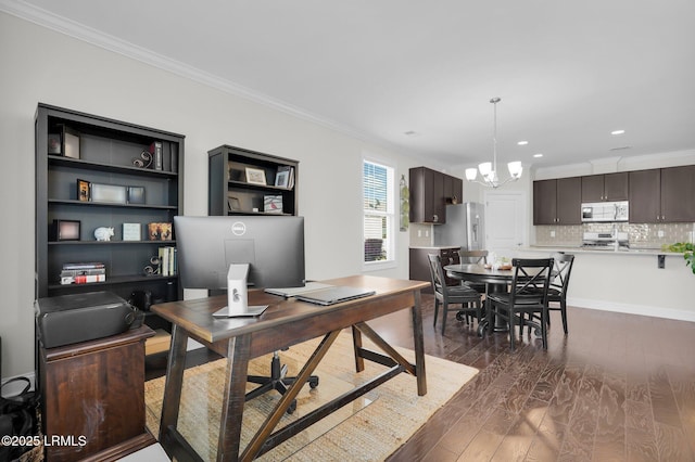214 Lombards Mill Ln, Okatie, SC 29909 - office with recessed lighting, dark wood-style floors, a chandelier, and crown molding