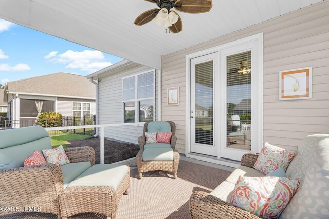 214 Lombards Mill Ln, Okatie, SC 29909 - view of patio / terrace featuring an outdoor hangout area, ceiling fan, and fence