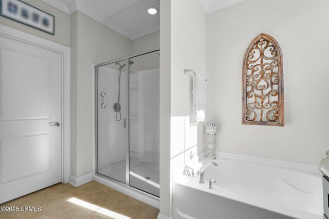 214 Lombards Mill Ln, Okatie, SC 29909 - full bath with tile patterned floors, ornamental molding, a stall shower, and a garden tub