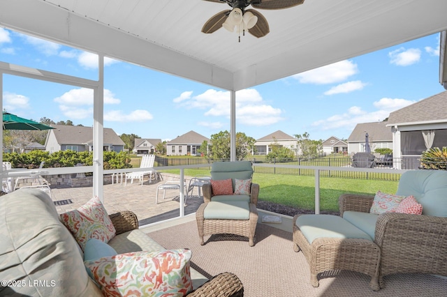 214 Lombards Mill Ln, Okatie, SC 29909 - view of patio featuring outdoor lounge area, a fenced backyard, a ceiling fan, and a residential view