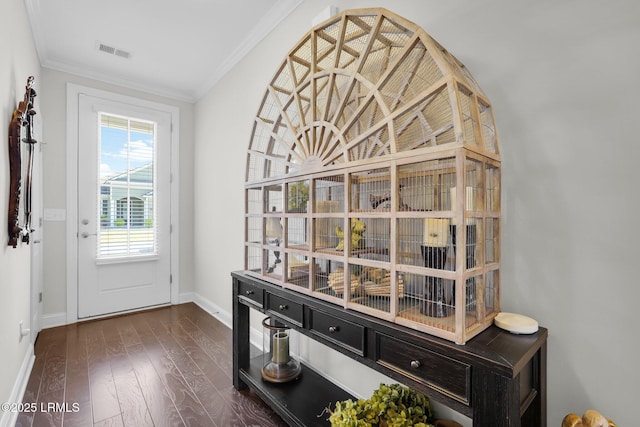 214 Lombards Mill Ln, Okatie, SC 29909 - interior space with dark wood finished floors, baseboards, visible vents, and ornamental molding