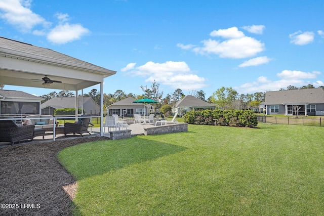 214 Lombards Mill Ln, Okatie, SC 29909 - view of yard featuring fence, an outdoor living space, a patio, and a ceiling fan