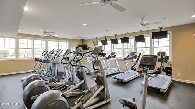 214 Lombards Mill Ln, Okatie, SC 29909 - workout area featuring recessed lighting, baseboards, and ceiling fan