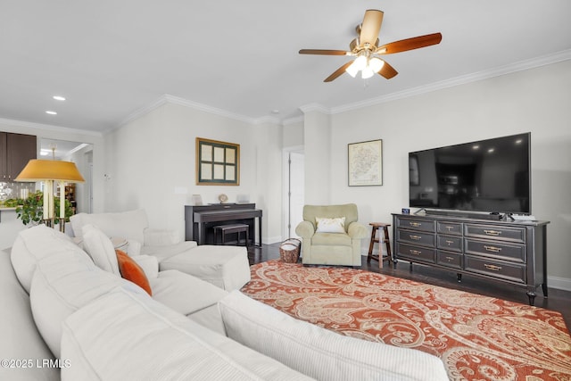 214 Lombards Mill Ln, Okatie, SC 29909 - living room featuring dark wood finished floors, ceiling fan, and ornamental molding