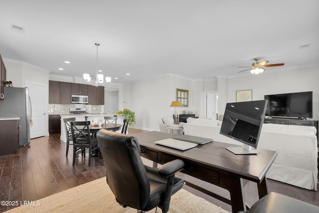 214 Lombards Mill Ln, Okatie, SC 29909 - dining room with ceiling fan with notable chandelier, visible vents, ornamental molding, recessed lighting, and dark wood-style flooring