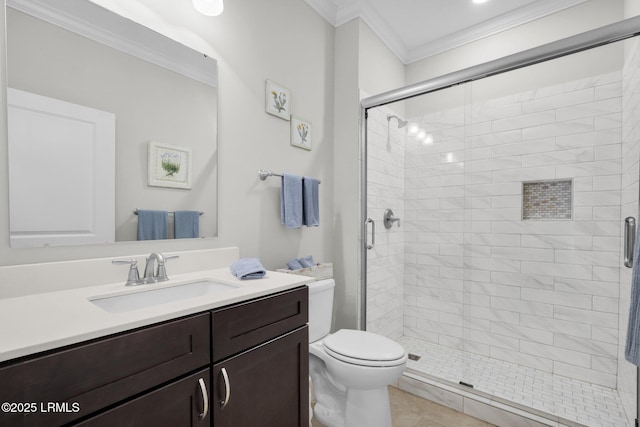 214 Lombards Mill Ln, Okatie, SC 29909 - full bathroom with toilet, vanity, crown molding, and a shower stall