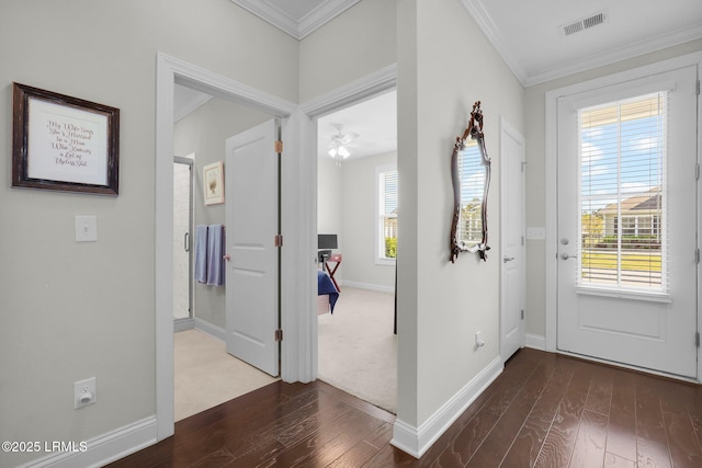 214 Lombards Mill Ln, Okatie, SC 29909 - foyer featuring visible vents, hardwood / wood-style flooring, and ornamental molding