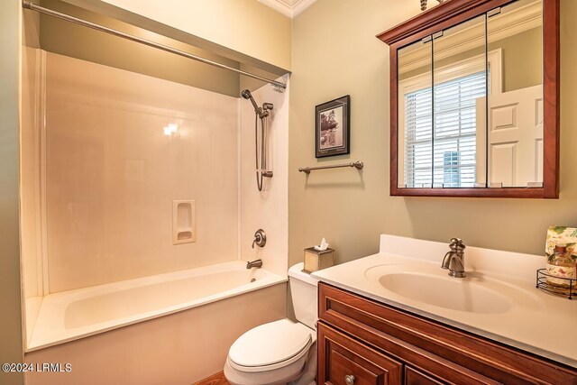 full bathroom featuring ornamental molding, vanity, toilet, and shower / bath combination