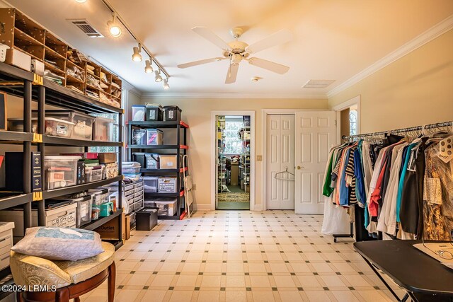 storage room featuring ceiling fan