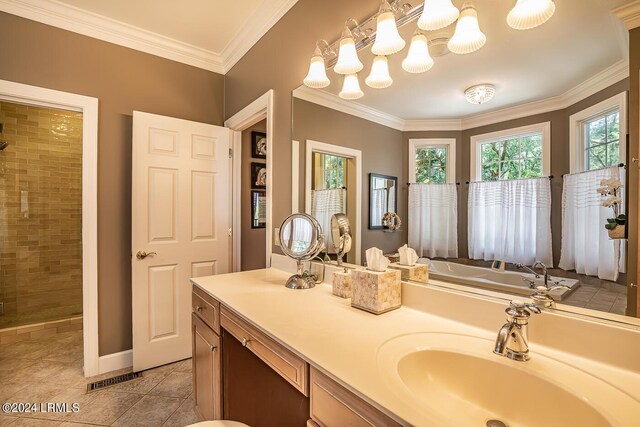 bathroom featuring vanity, shower with separate bathtub, tile patterned flooring, and a wealth of natural light