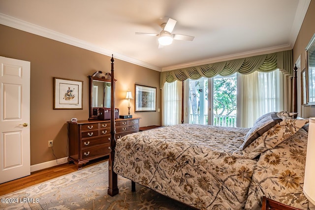 bedroom featuring wood-type flooring, crown molding, access to exterior, and ceiling fan