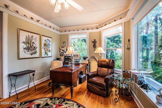 office area featuring hardwood / wood-style flooring, crown molding, and ceiling fan