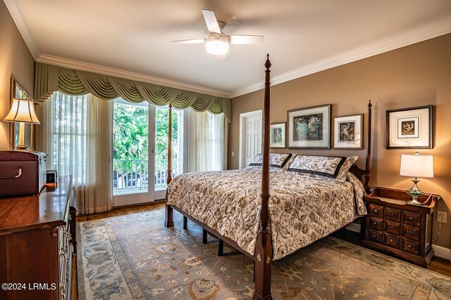 bedroom with ornamental molding, dark wood-type flooring, access to outside, and ceiling fan