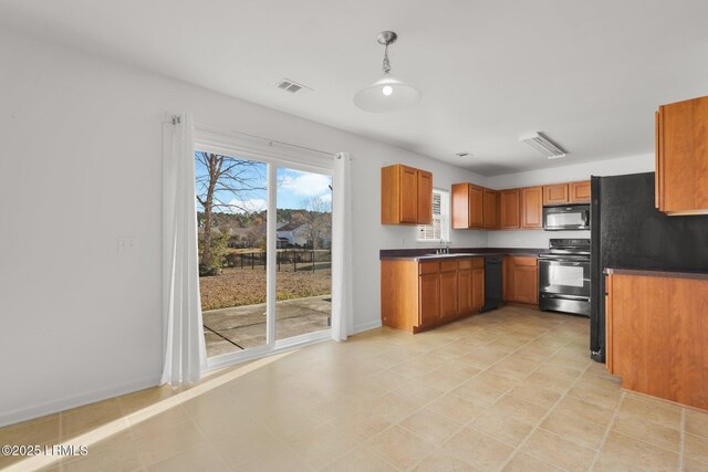 kitchen featuring sink, hanging light fixtures, and black appliances