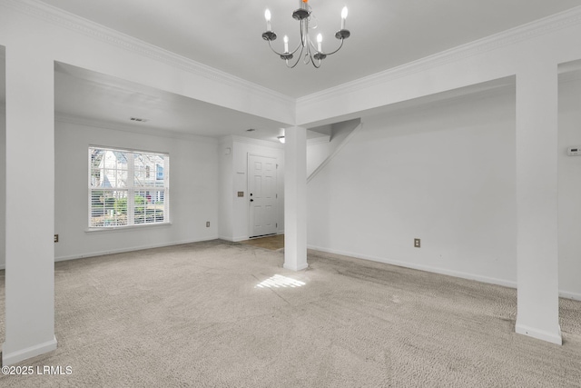 basement featuring ornamental molding, light colored carpet, and a chandelier