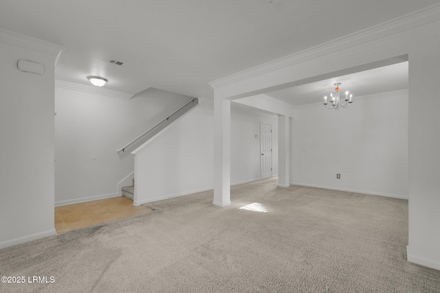 unfurnished living room featuring crown molding, light colored carpet, and a chandelier