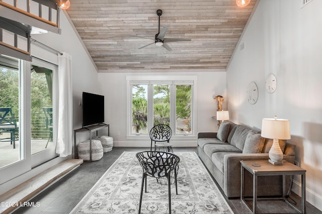 living room with plenty of natural light, wooden ceiling, and ceiling fan