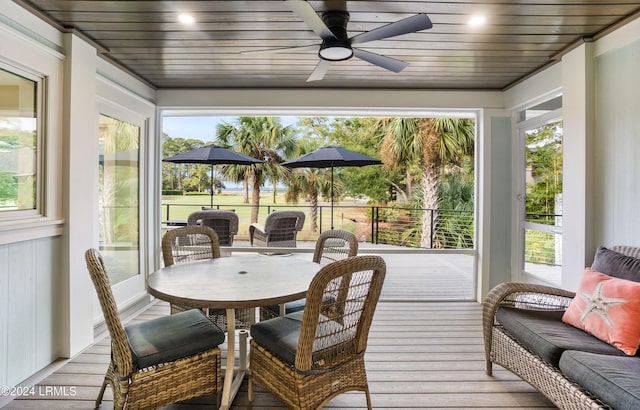 sunroom featuring plenty of natural light, wooden ceiling, and ceiling fan