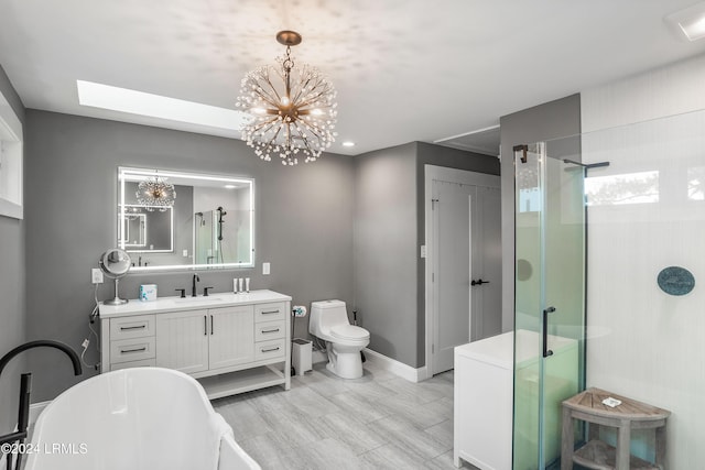 full bathroom featuring toilet, vanity, plus walk in shower, and a notable chandelier