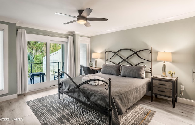 bedroom featuring crown molding, ceiling fan, access to outside, and light wood-type flooring