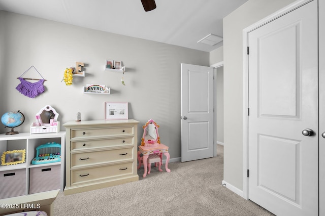 rec room with carpet, baseboards, and a ceiling fan