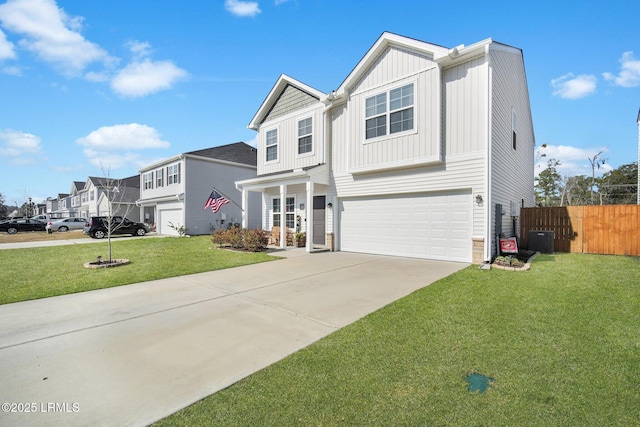 traditional-style house featuring cooling unit, a garage, driveway, a front lawn, and board and batten siding