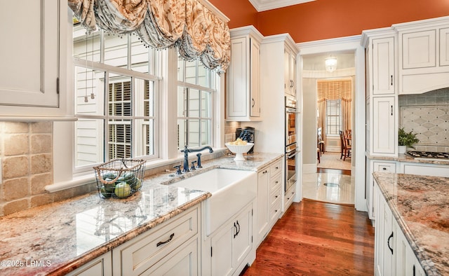 kitchen with white cabinetry, light stone countertops, sink, and dark wood-type flooring