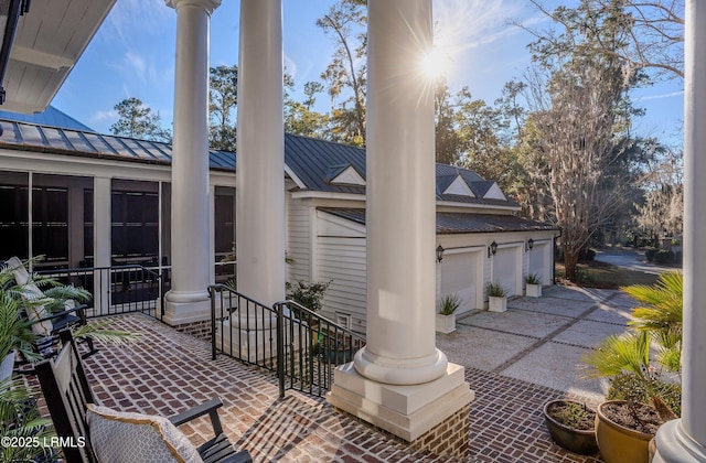 view of patio with a garage