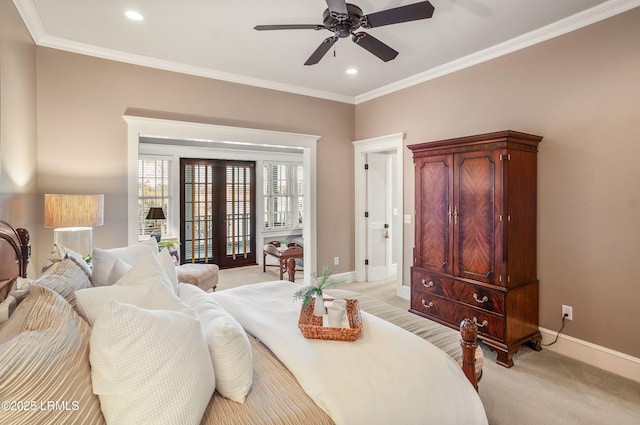 carpeted bedroom featuring ornamental molding, access to exterior, ceiling fan, and french doors