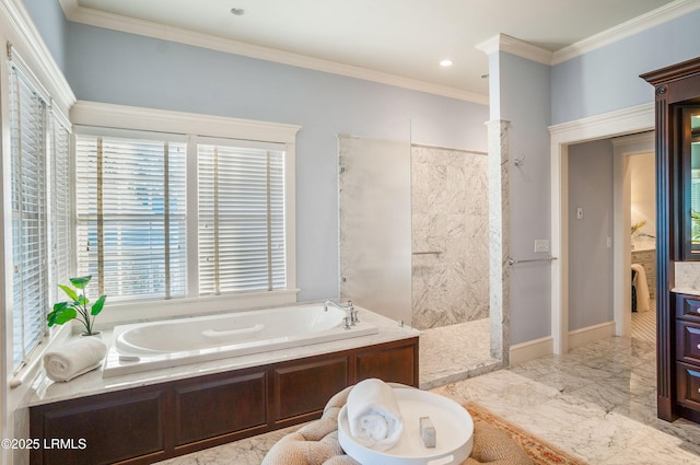 bathroom featuring independent shower and bath, vanity, and ornamental molding