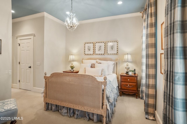 bedroom with light colored carpet, ornamental molding, and a chandelier