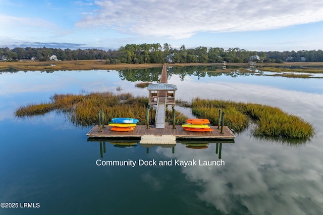 exterior space with a water view and a boat dock