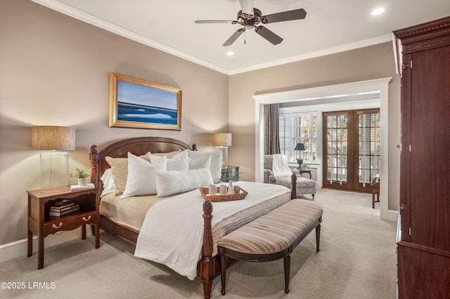 bedroom featuring light colored carpet, ornamental molding, and ceiling fan