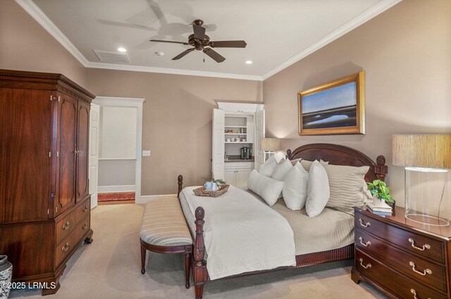 bedroom featuring ornamental molding, light carpet, and ceiling fan